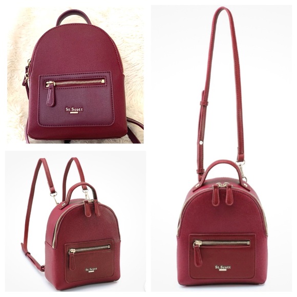 St. Scott London Burgundy Gold Hardware Mini Backpack Shoulder Bag Faux Leather - Picture 2 of 11